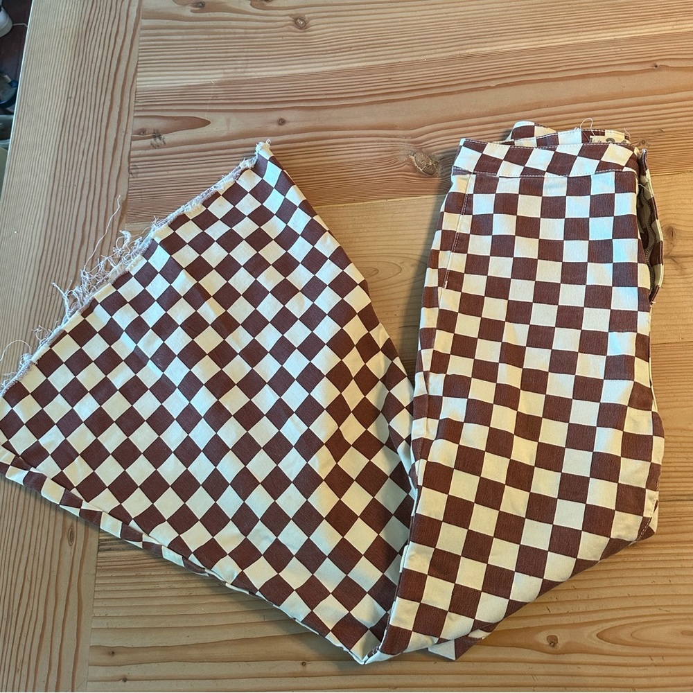 Free People Brown and Cream Checkerboard Flare Pants - Picture 4 of 4